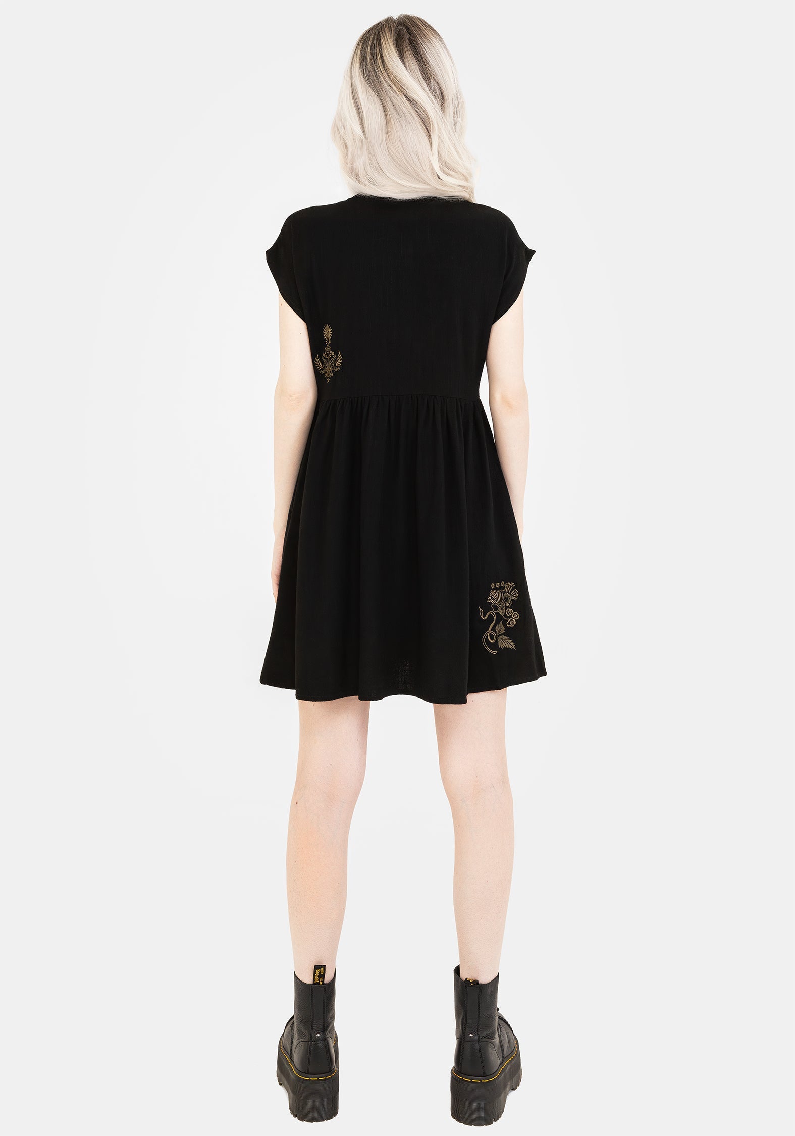 Foliate Leinenmischung Bestickt Knopf Hoch Mini Kleid - Schwarz