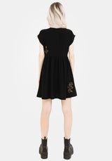 Foliate Leinenmischung Bestickt Knopf Hoch Mini Kleid - Schwarz
