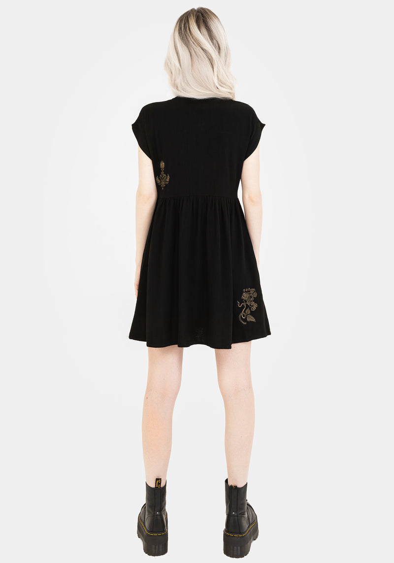 Foliate Leinenmischung Bestickt Knopf Hoch Mini Kleid - Schwarz
