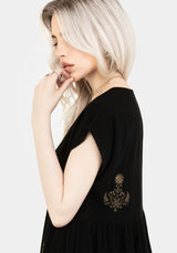 Foliate Leinenmischung Bestickt Knopf Hoch Mini Kleid - Schwarz