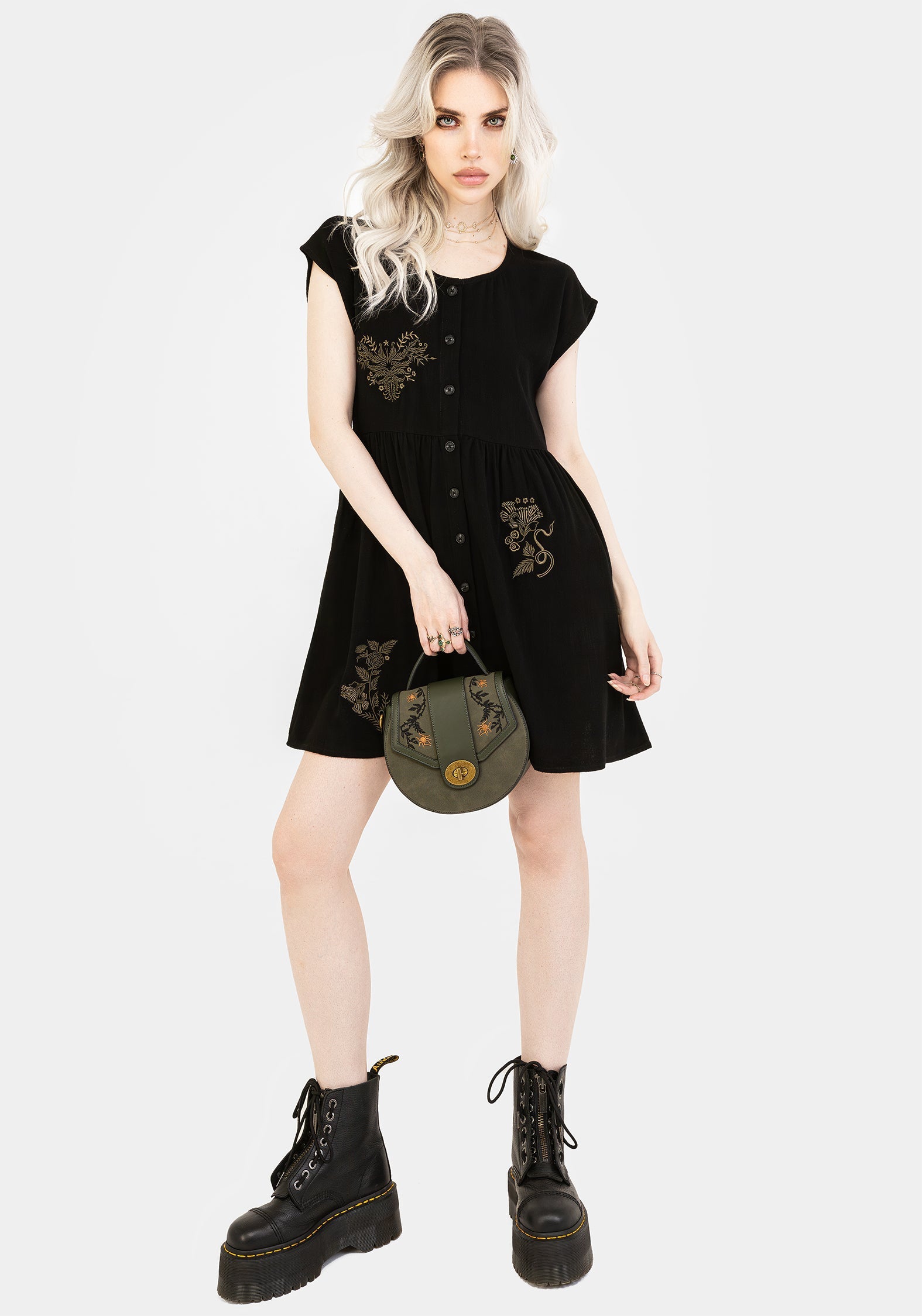 Foliate Leinenmischung Bestickt Knopf Hoch Mini Kleid - Schwarz
