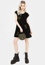Foliate Leinenmischung Bestickt Knopf Hoch Mini Kleid - Schwarz