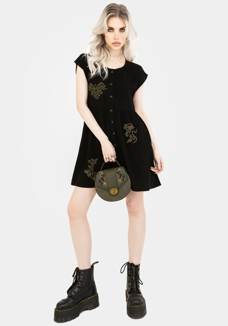 Foliate Leinenmischung Bestickt Knopf Hoch Mini Kleid - Schwarz