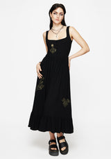Foliate Leinenmischung Bestickt Ärmellos Midi Kleid - Schwarz