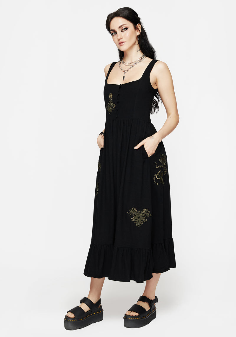 Foliate Leinenmischung Bestickt Ärmellos Midi Kleid - Schwarz