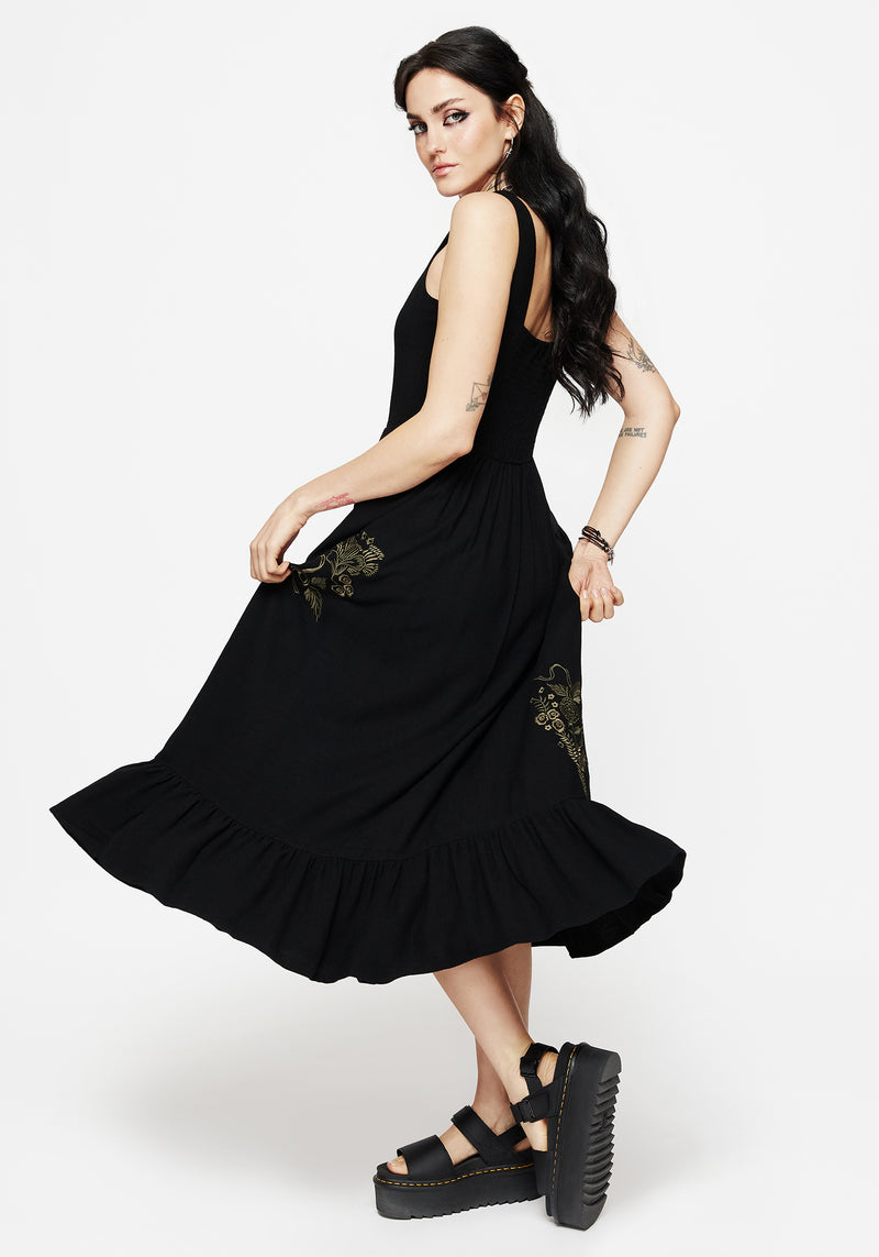 Foliate Leinenmischung Bestickt Ärmellos Midi Kleid - Schwarz