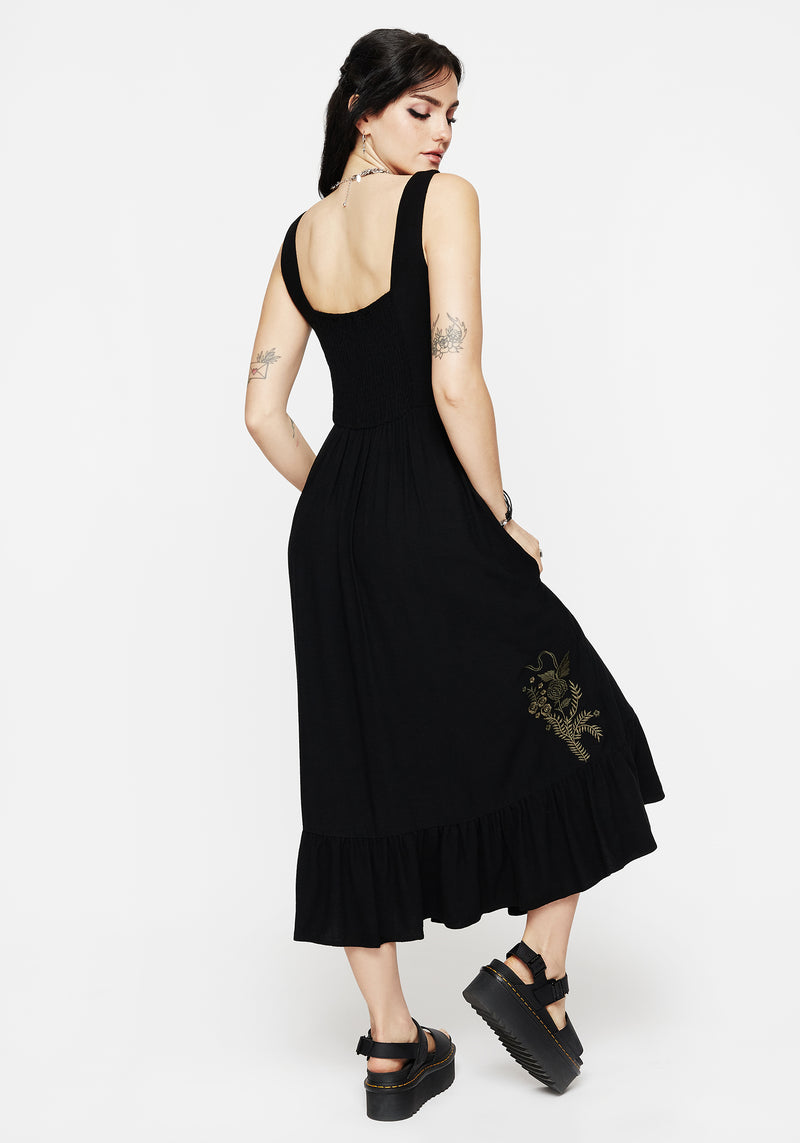 Foliate Leinenmischung Bestickt Ärmellos Midi Kleid - Schwarz