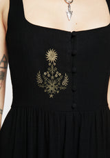 Foliate Leinenmischung Bestickt Ärmellos Midi Kleid - Schwarz