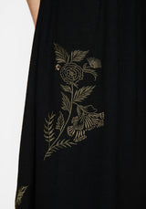 Foliate Leinenmischung Bestickt Ärmellos Midi Kleid - Schwarz