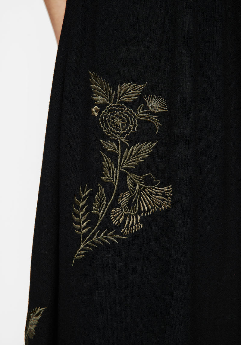 Foliate Leinenmischung Bestickt Ärmellos Midi Kleid - Schwarz