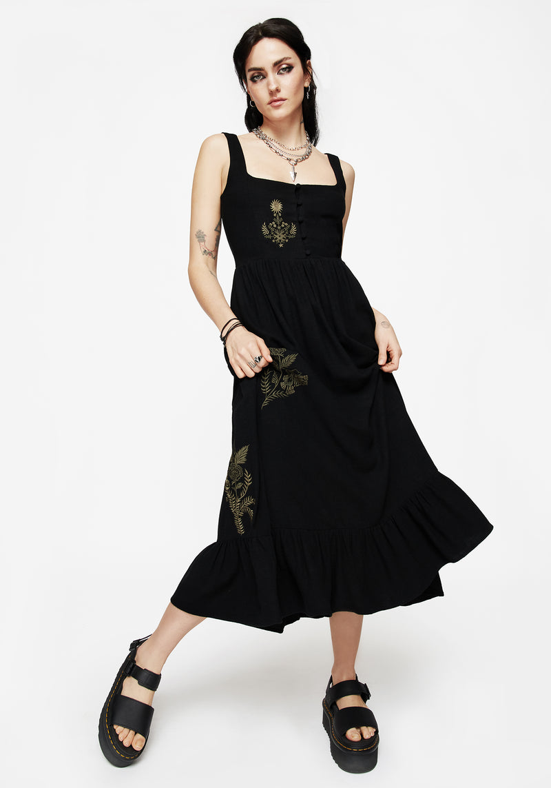 Foliate Leinenmischung Bestickt Ärmellos Midi Kleid - Schwarz