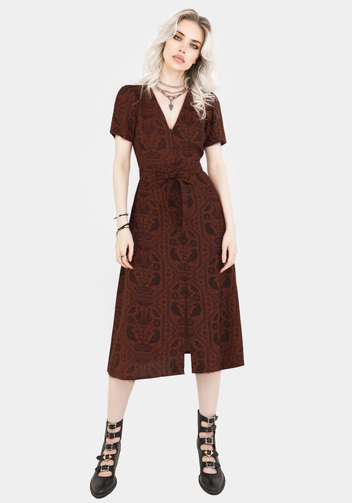 Annabel Rabe Druck Knopf Hoch Midi Kleid - Rust