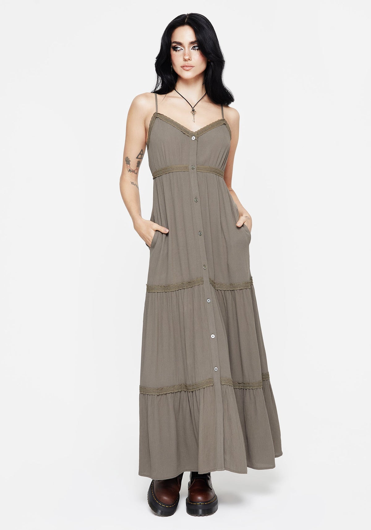 Sara Gestuft Spitze Maxi Cami Kleid