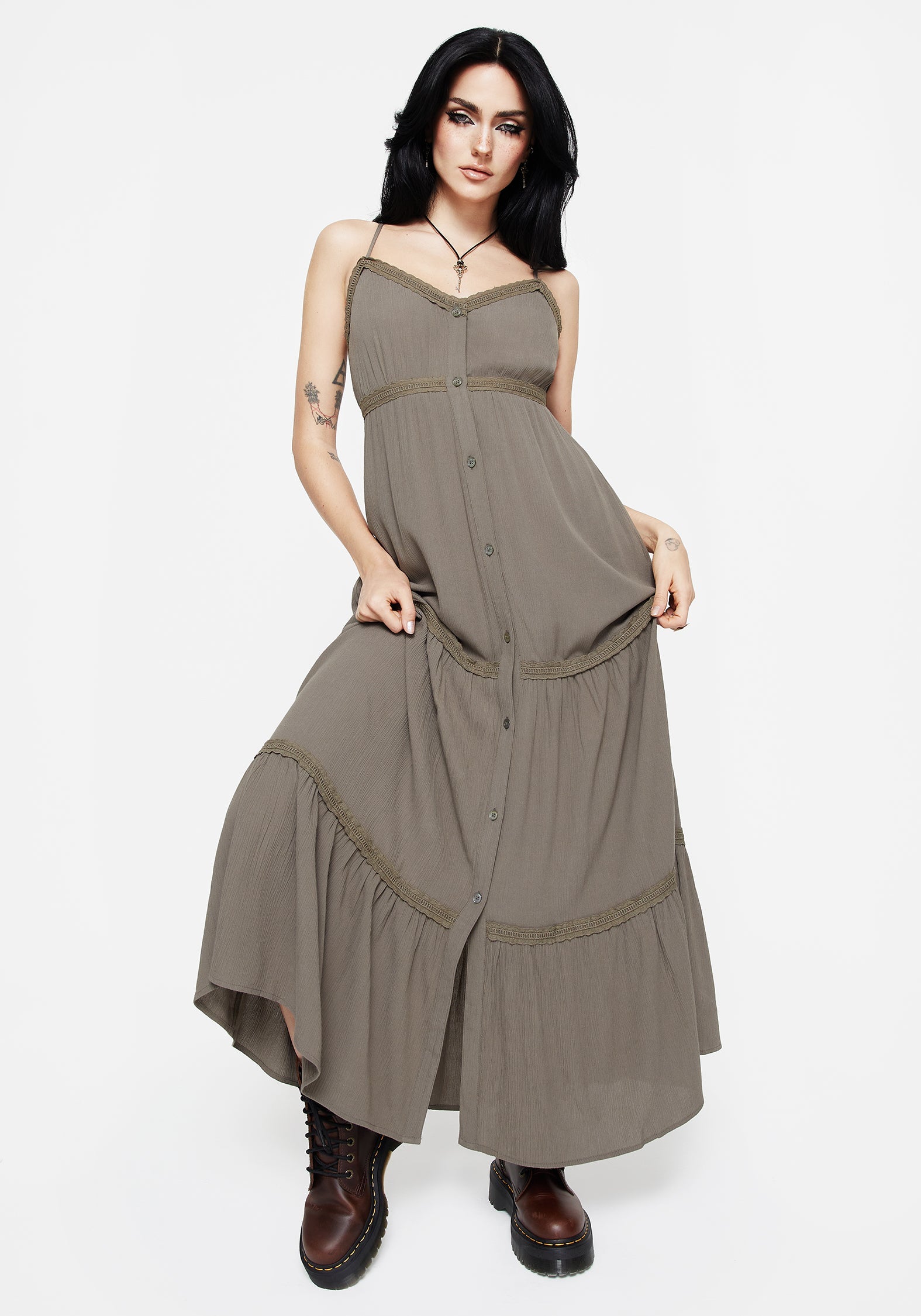 Sara Gestuft Spitze Maxi Cami Kleid