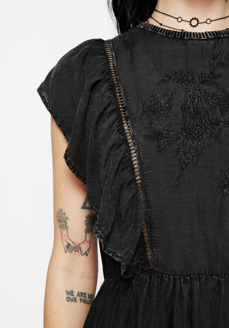 Eartha Baumwolle Bestickt Rüsche Detail Mini Kleid