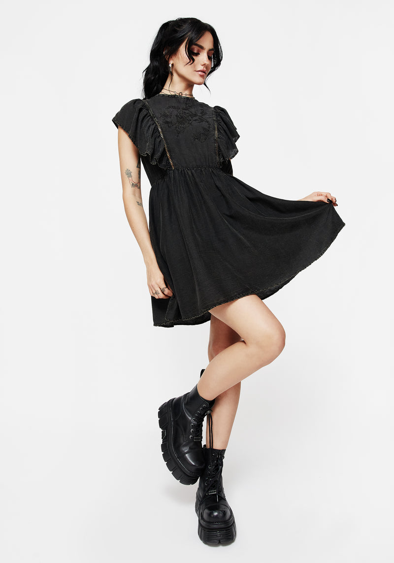 Eartha Baumwolle Bestickt Rüsche Detail Mini Kleid