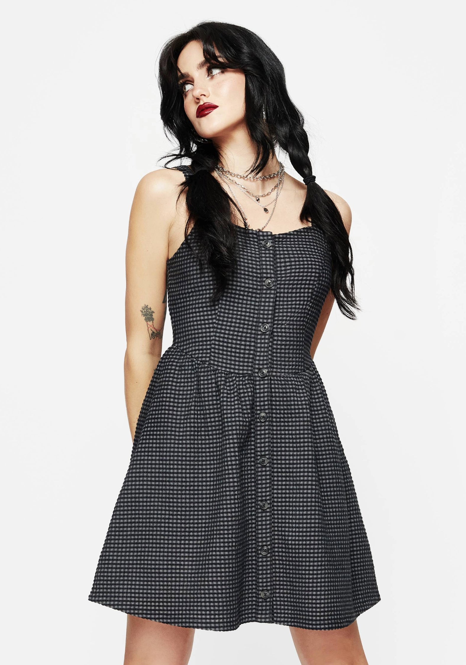 Faythe Baumwolle Prüfen Knopf Hoch Schürze Mini Kleid