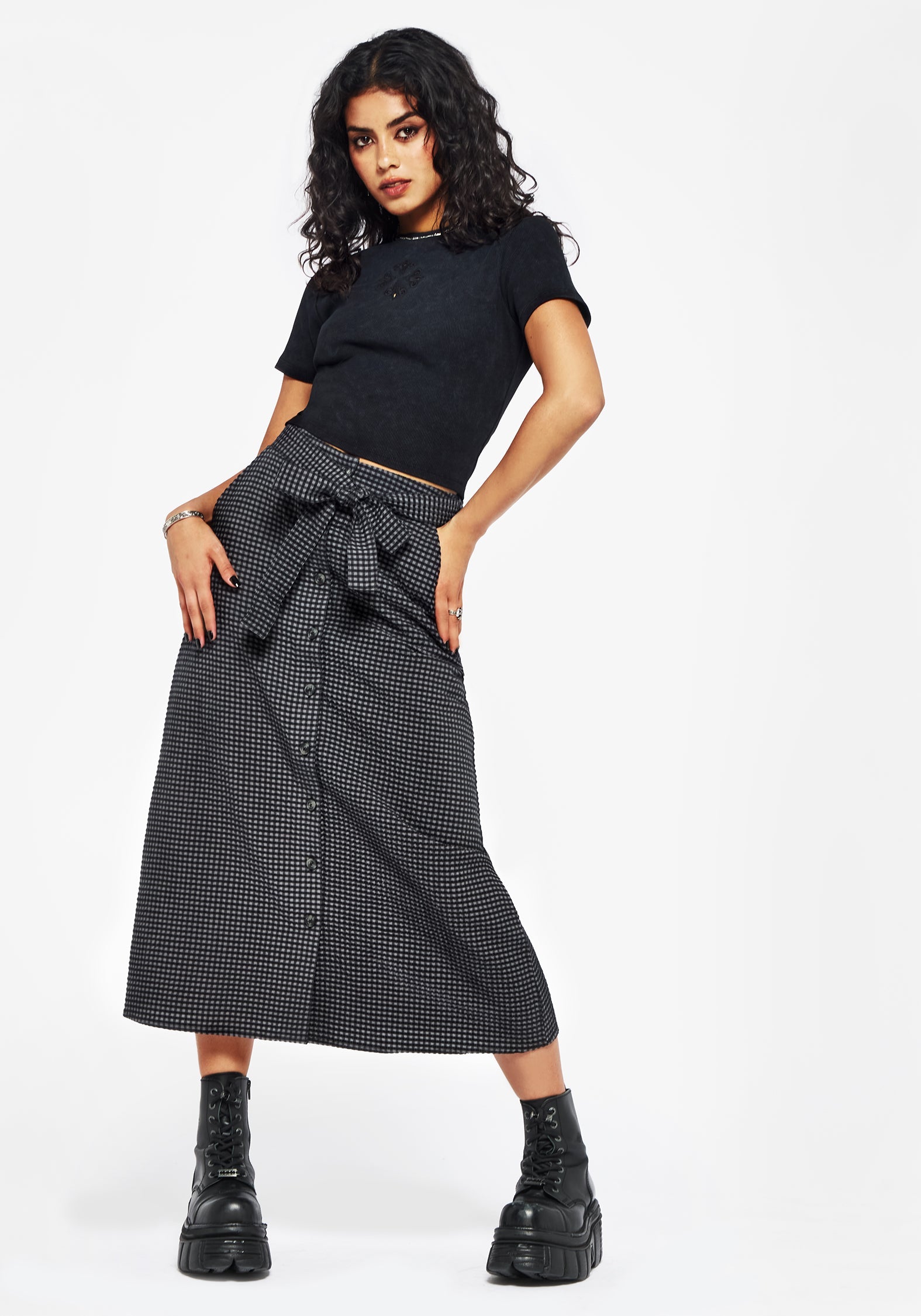Faythe Reeves Faythe Cotton Check Button Up Midi Skirt – Disturbia