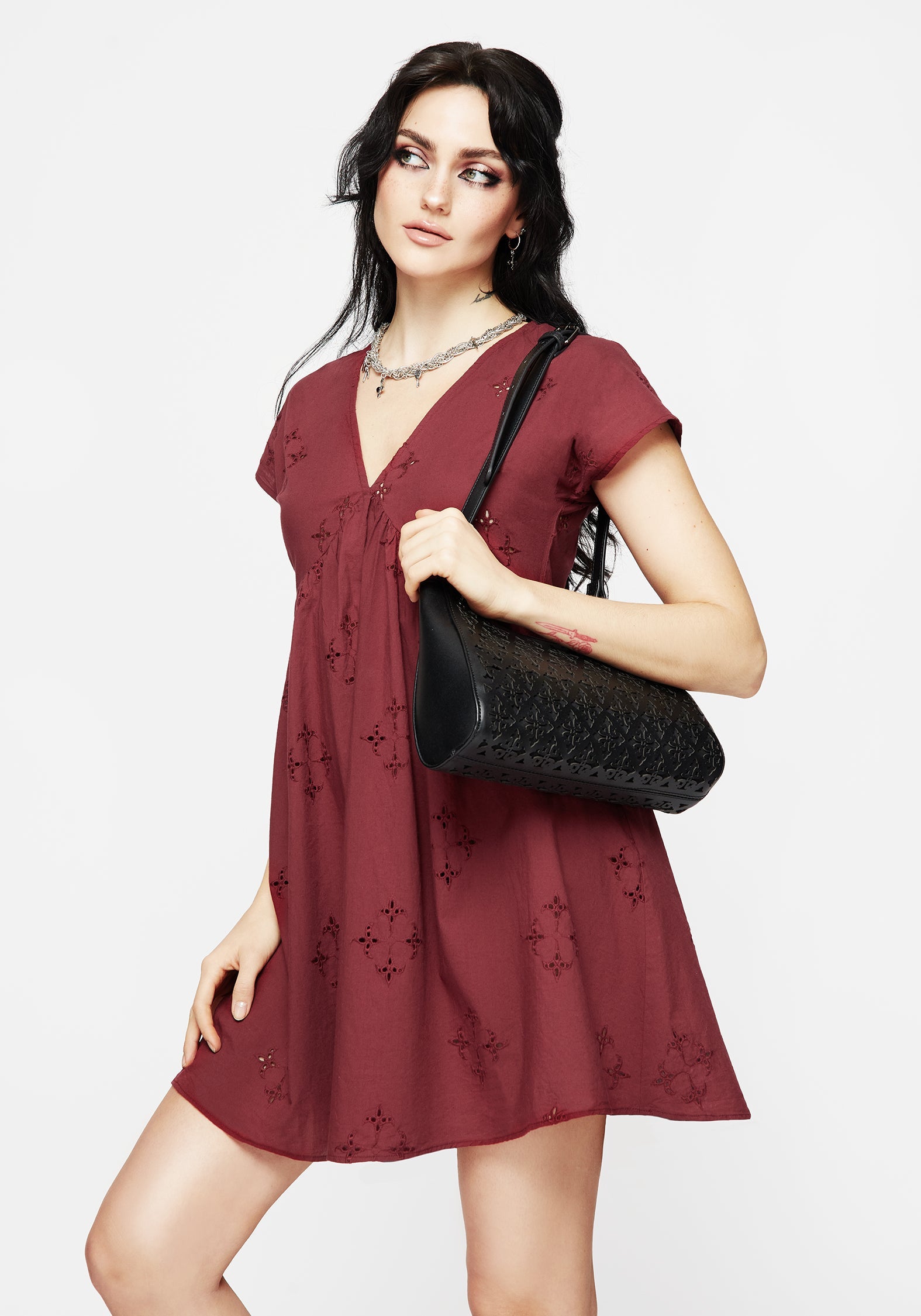 Crux Broderie Baumwolle Rüsche Mini Kleid  Rot