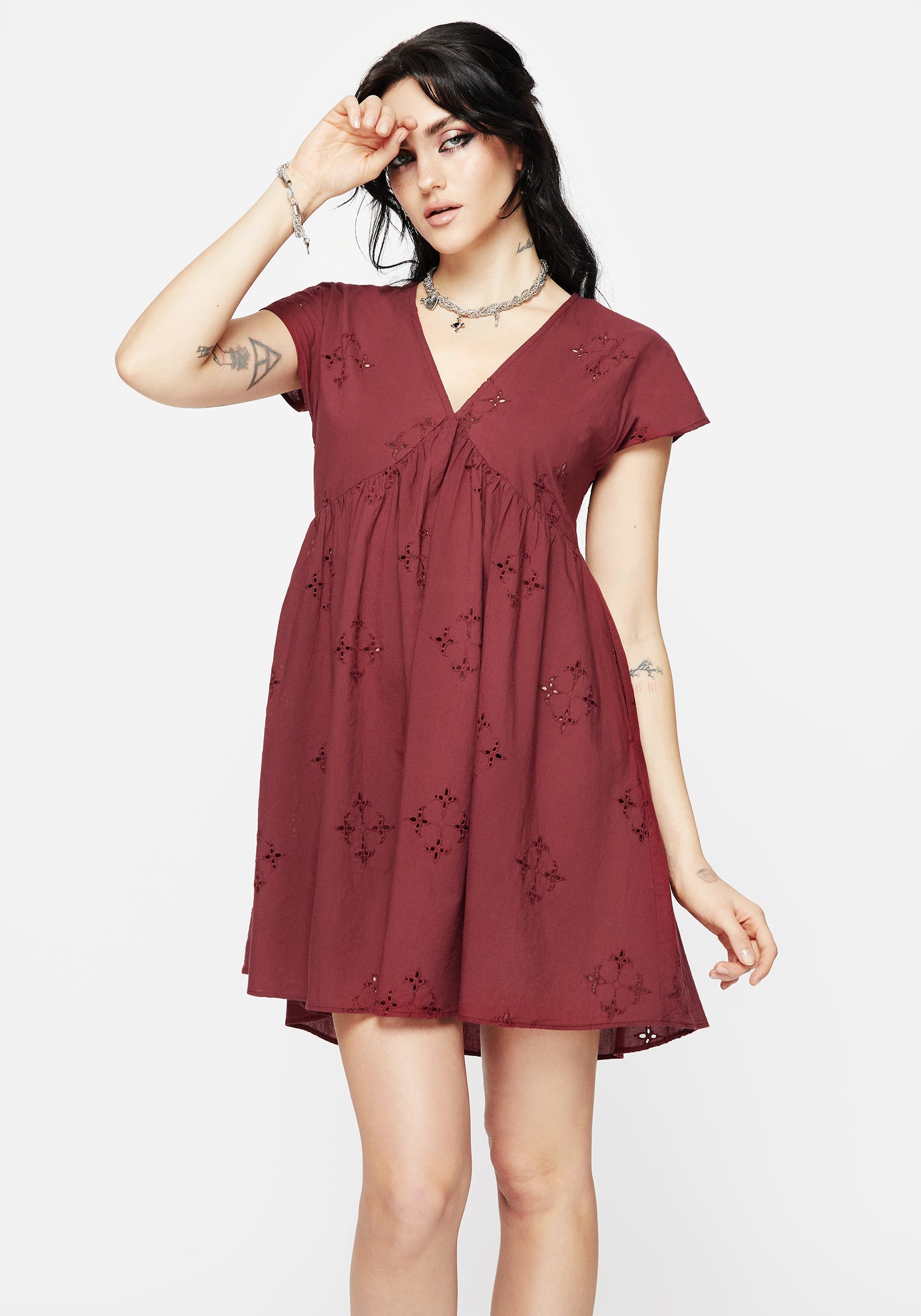 Crux Broderie Baumwolle Rüsche Mini Kleid  Rot