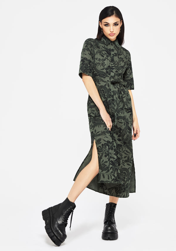 Bashe Baumwolle Midaxi Hemd Kleid - Grün