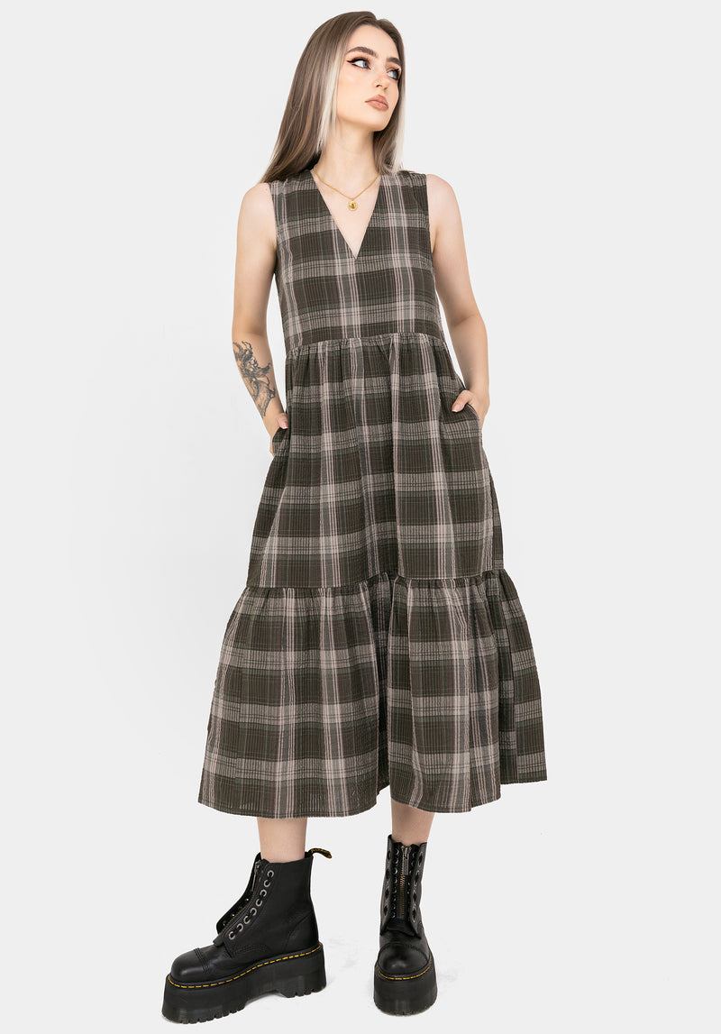 Clara Baumwolle Prüfen Ärmellos Gestuft Rüsche Midi Kleid