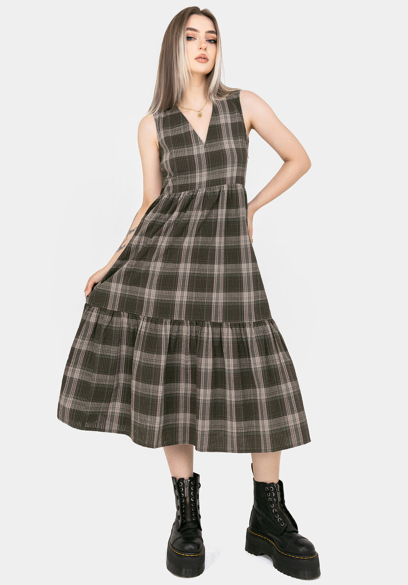 Clara Baumwolle Prüfen Ärmellos Gestuft Rüsche Midi Kleid