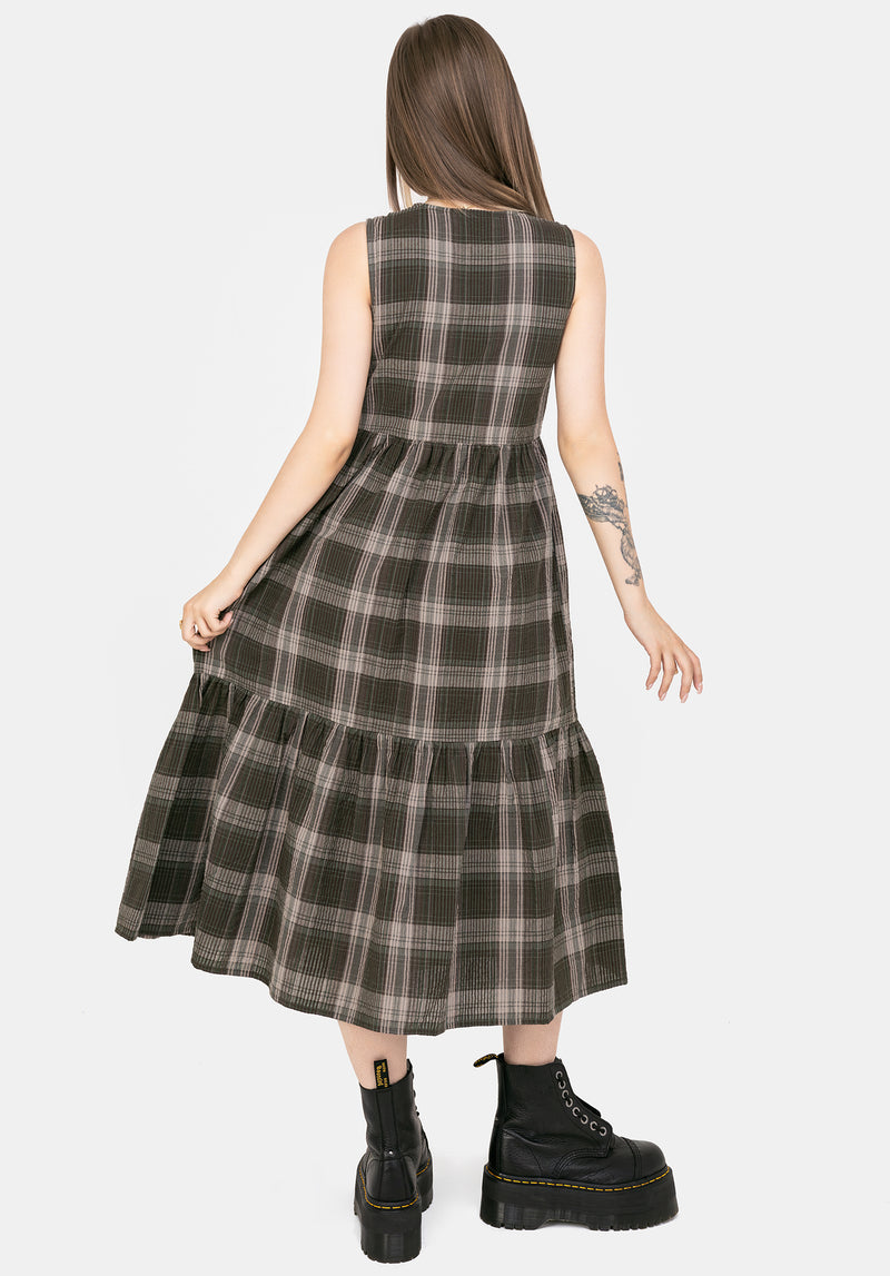Clara Baumwolle Prüfen Ärmellos Gestuft Rüsche Midi Kleid