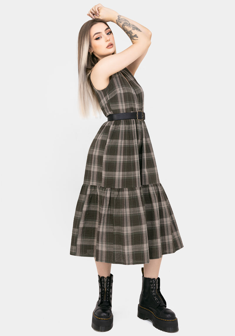 Clara Baumwolle Prüfen Ärmellos Gestuft Rüsche Midi Kleid