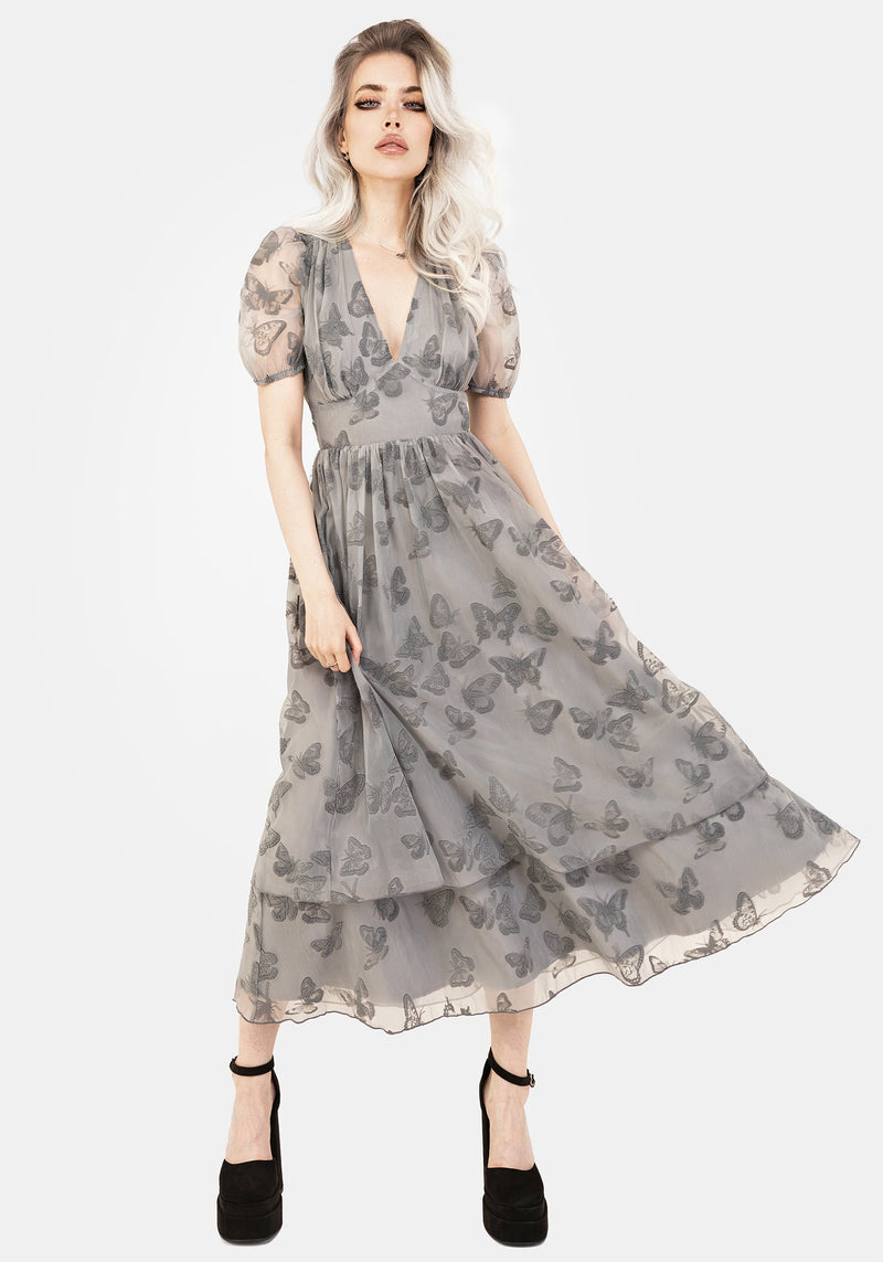 Vanessa Schmetterling Druck Organza Puffärmel Ärmel Midaxi Kleid