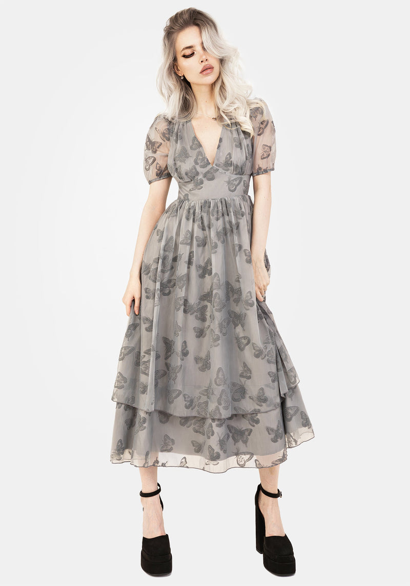 Vanessa Schmetterling Druck Organza Puffärmel Ärmel Midaxi Kleid