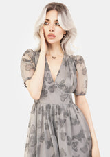 Vanessa Schmetterling Druck Organza Puffärmel Ärmel Midaxi Kleid