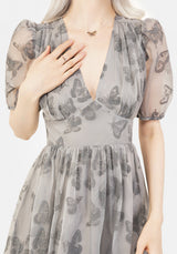Vanessa Schmetterling Druck Organza Puffärmel Ärmel Midaxi Kleid