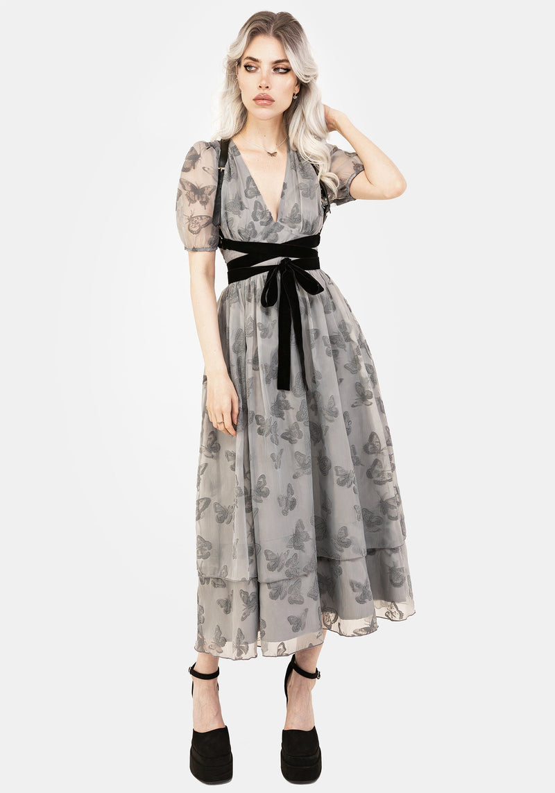 Vanessa Schmetterling Druck Organza Puffärmel Ärmel Midaxi Kleid