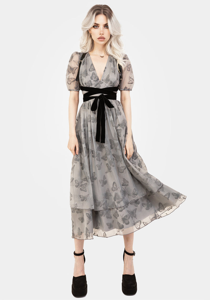 Vanessa Schmetterling Druck Organza Puffärmel Ärmel Midaxi Kleid