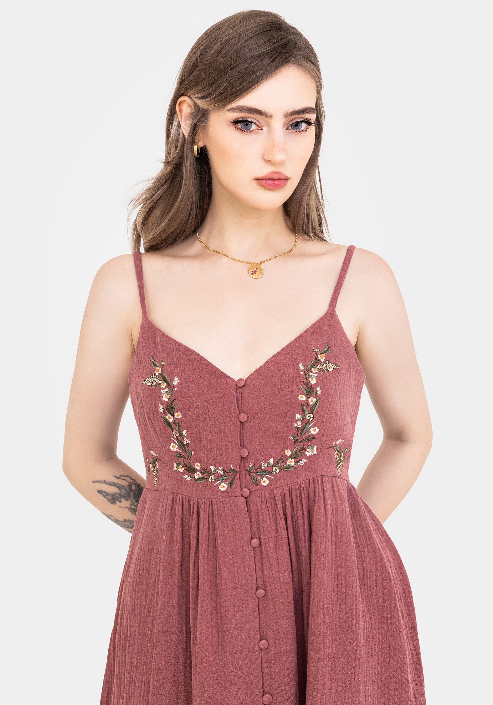 Abundance Baumwolle Blumenmuster Bestickt Mieder Cami Midaxi Kleid