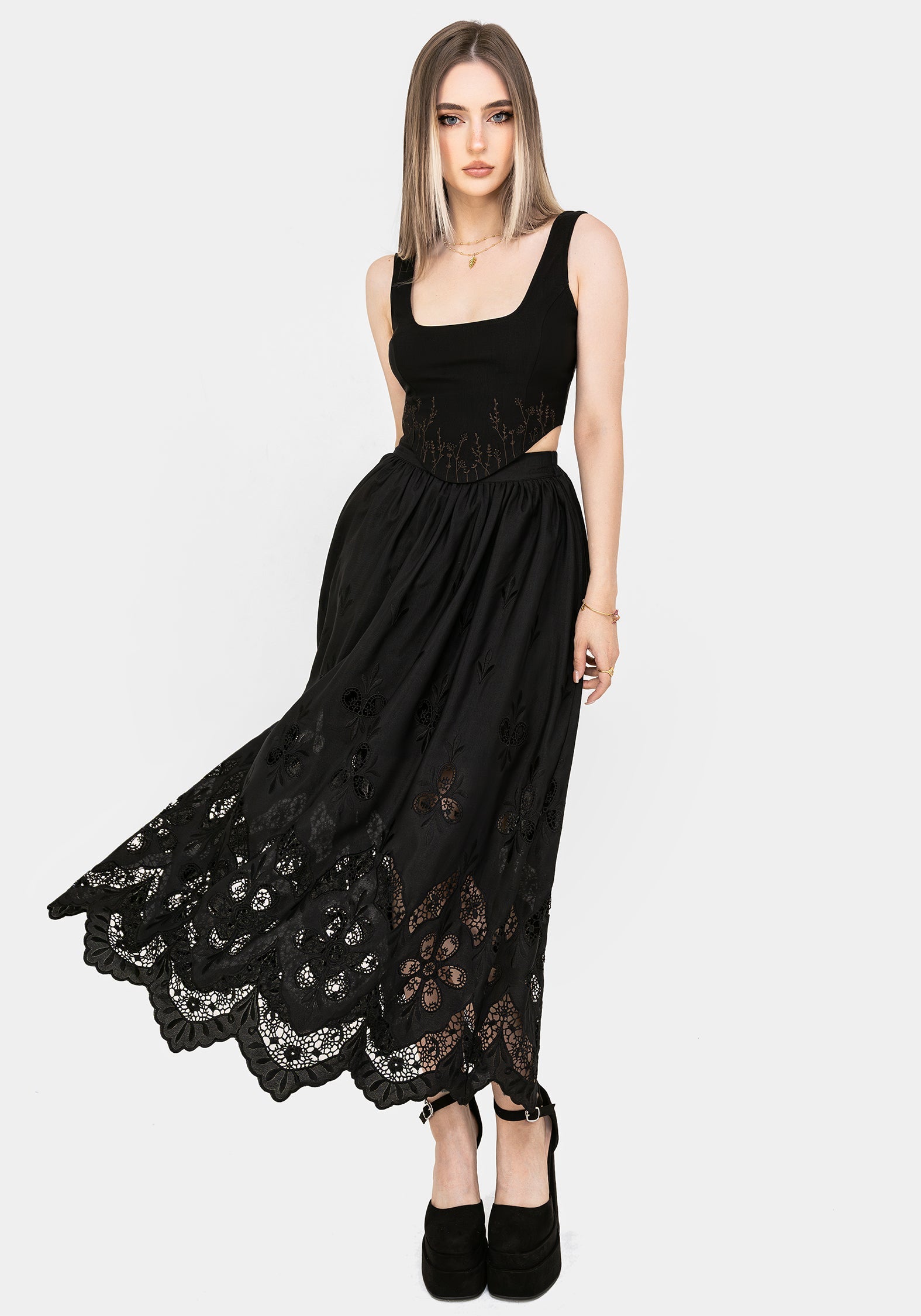 Maple Broderie Saum Maxi Rock