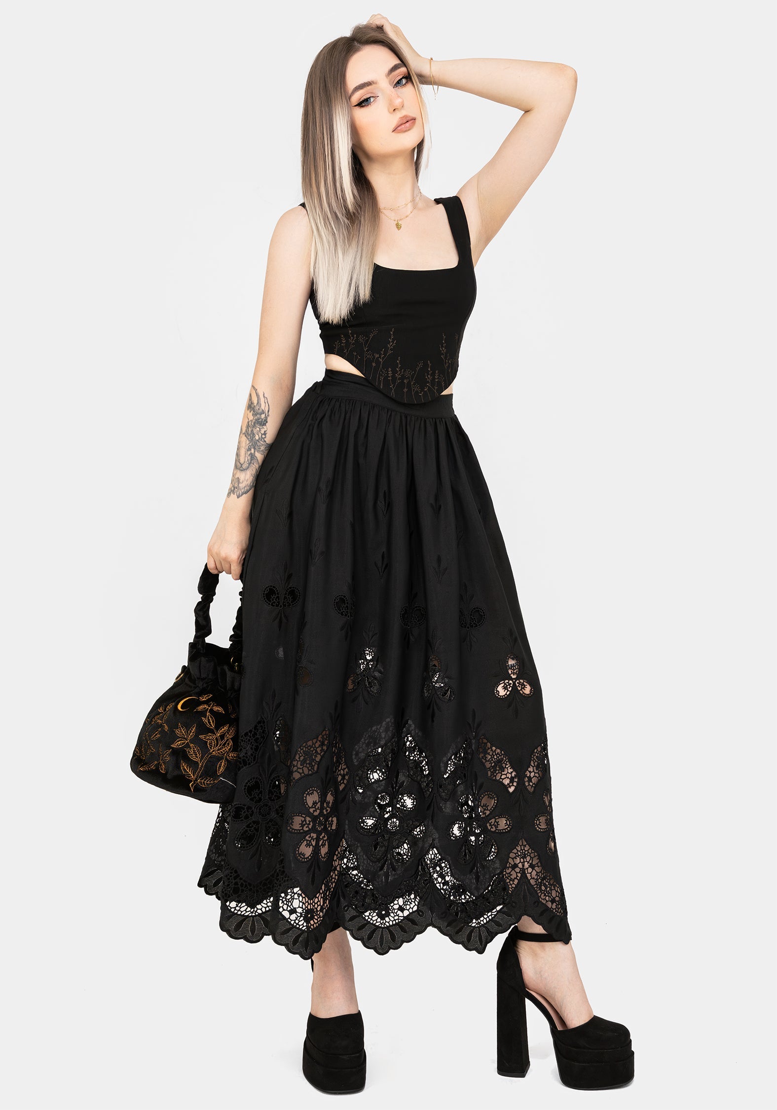 Maple Broderie Saum Maxi Rock