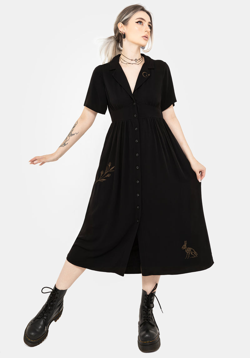 Hester Bestickt Knopf Hoch Midi Hemd Kleid