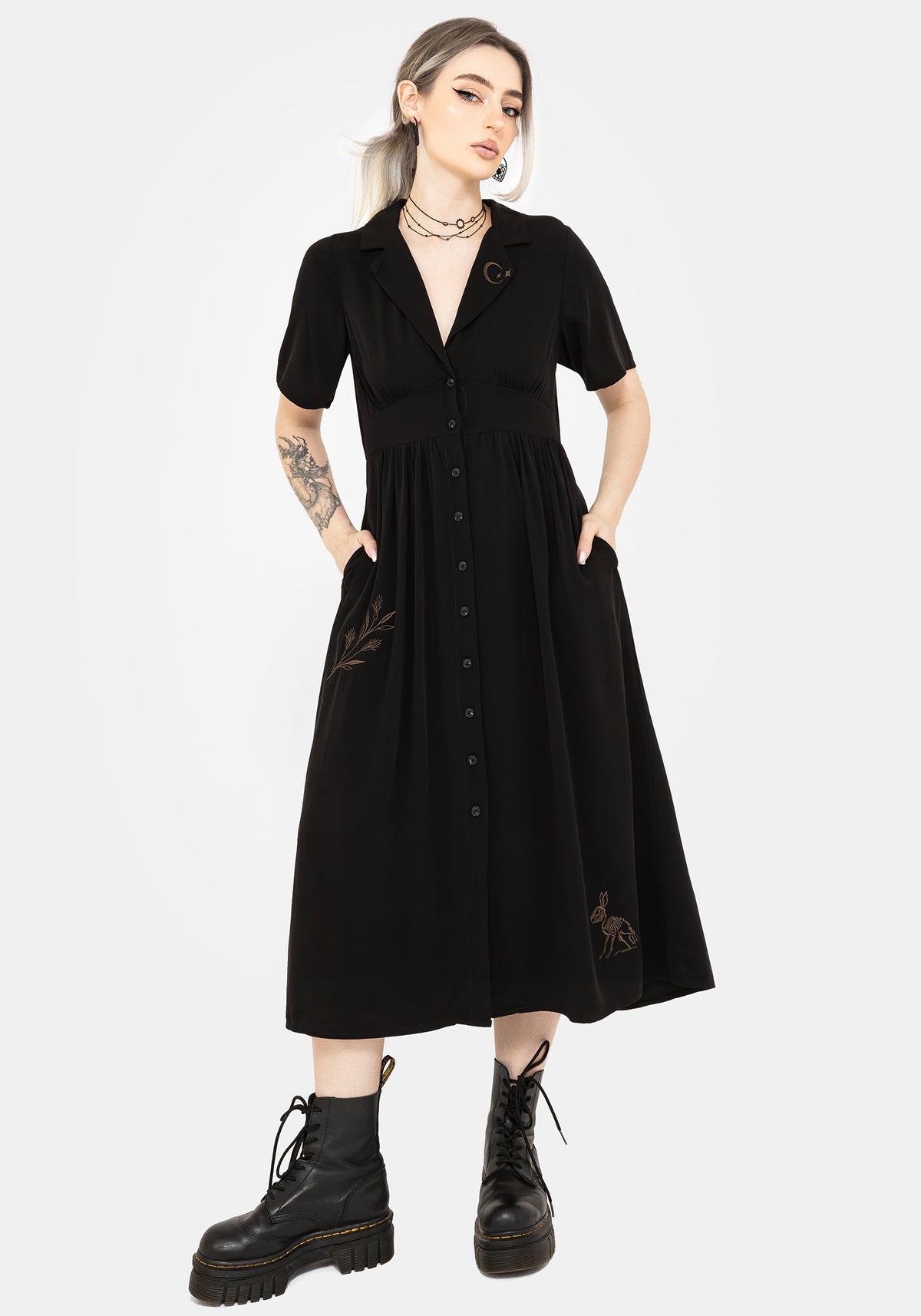 Hester Bestickt Knopf Hoch Midi Hemd Kleid