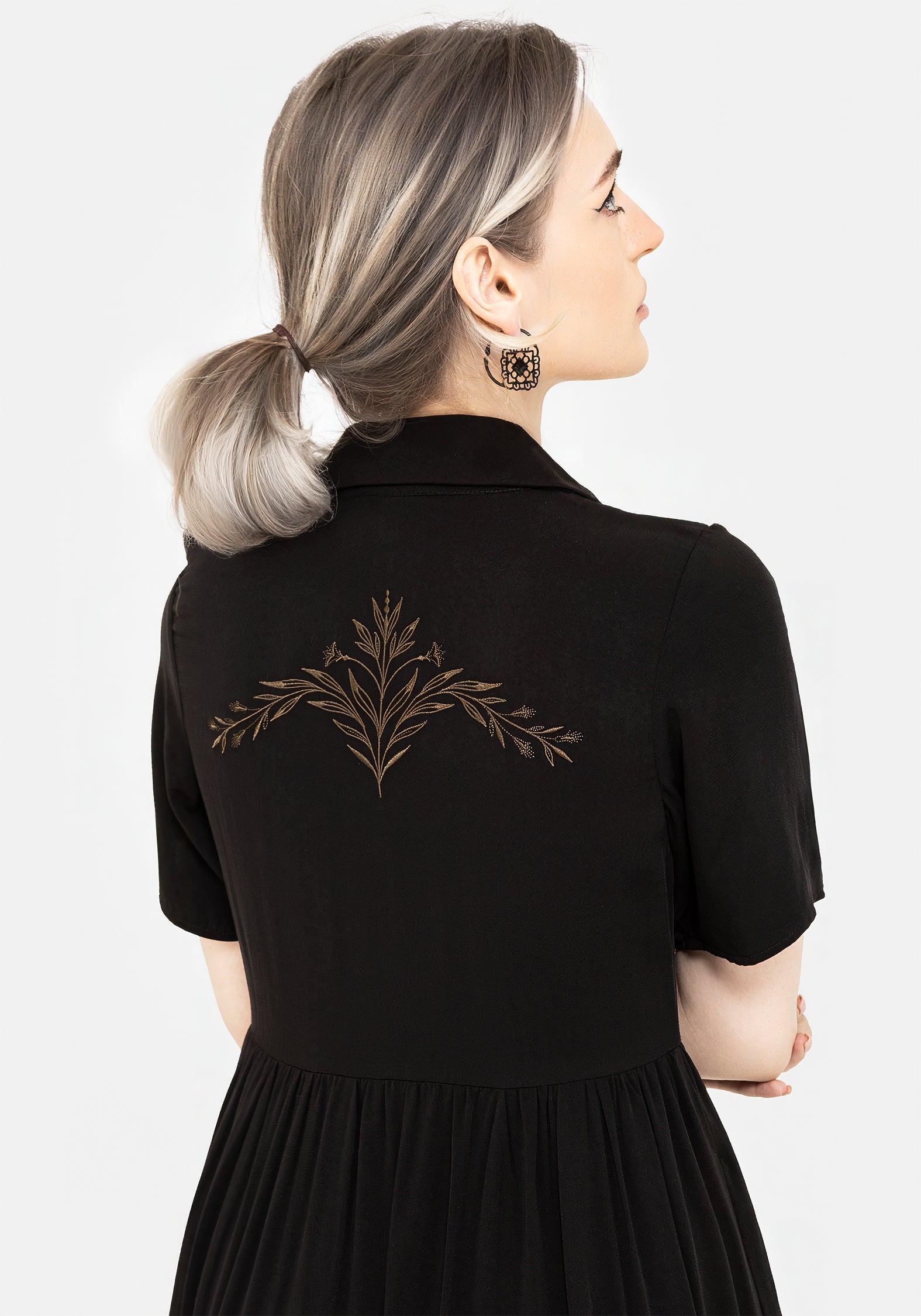 Hester Bestickt Knopf Hoch Midi Hemd Kleid