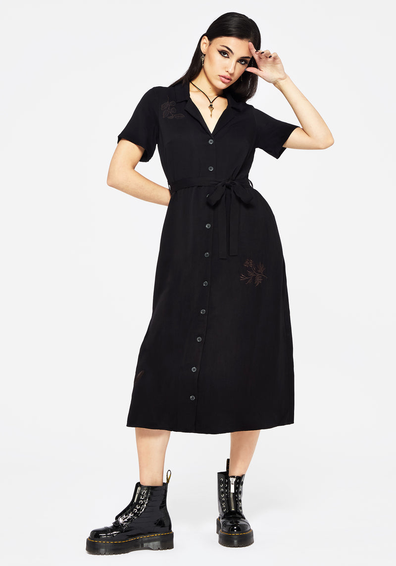 Fairfolk Blumenmuster Embroidery Krawatte Taille Knopf Runter Midi Hemd Kleid