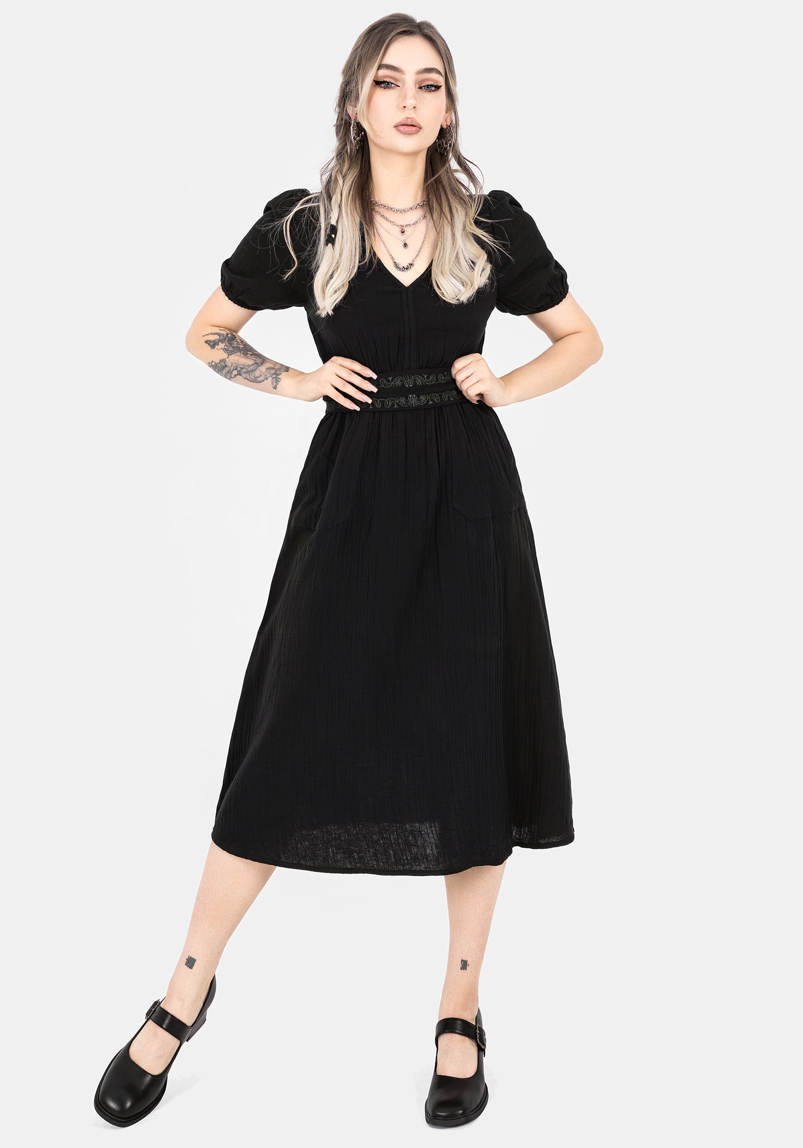 Poultice Embroidered Cotton Midi Dress - Black