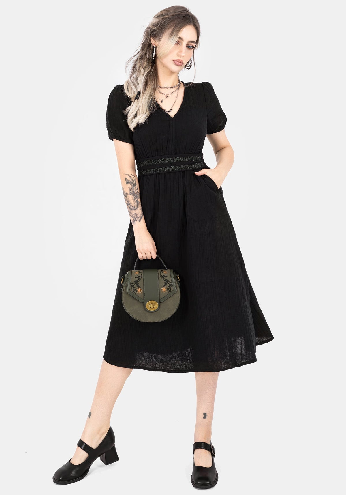 Poultice Bestickt Baumwolle Midi Kleid - Schwarz