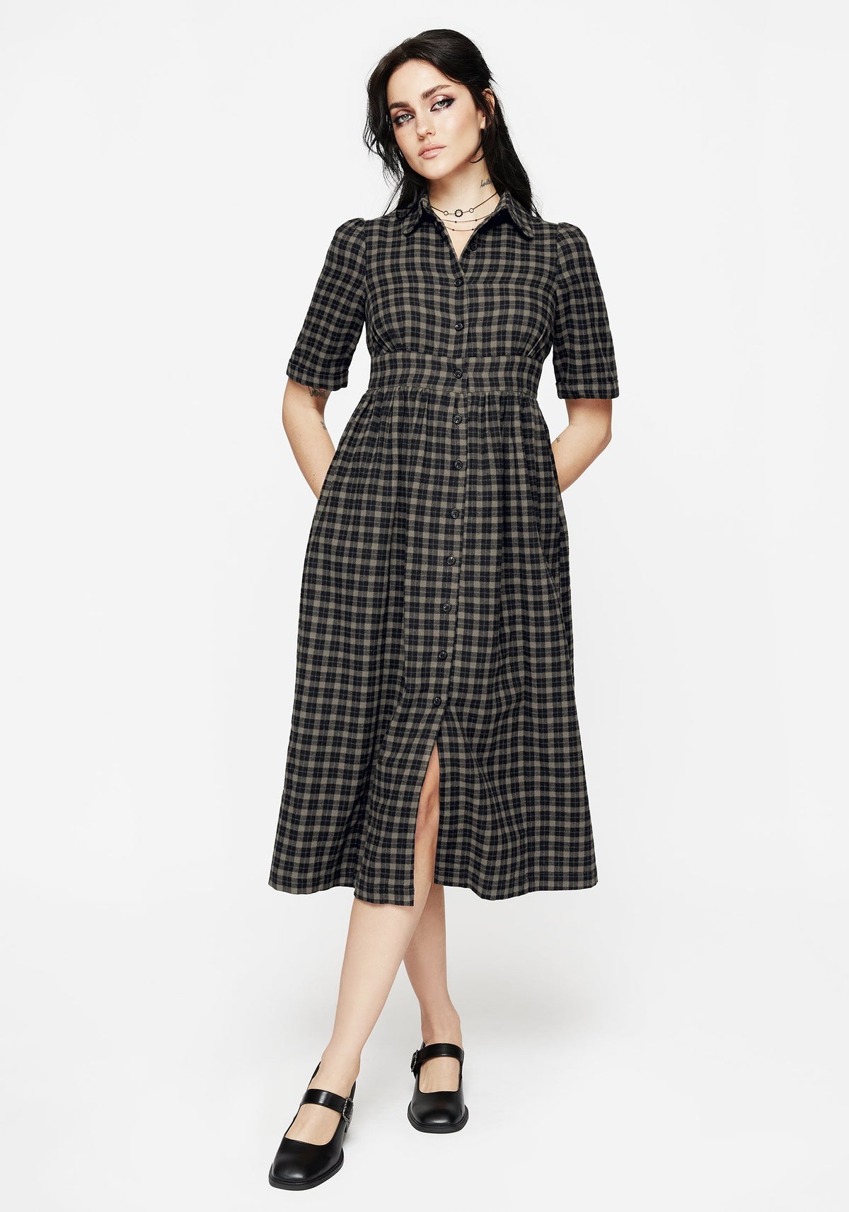 Terra Midi Rüsche Hemd Kleid - Olive