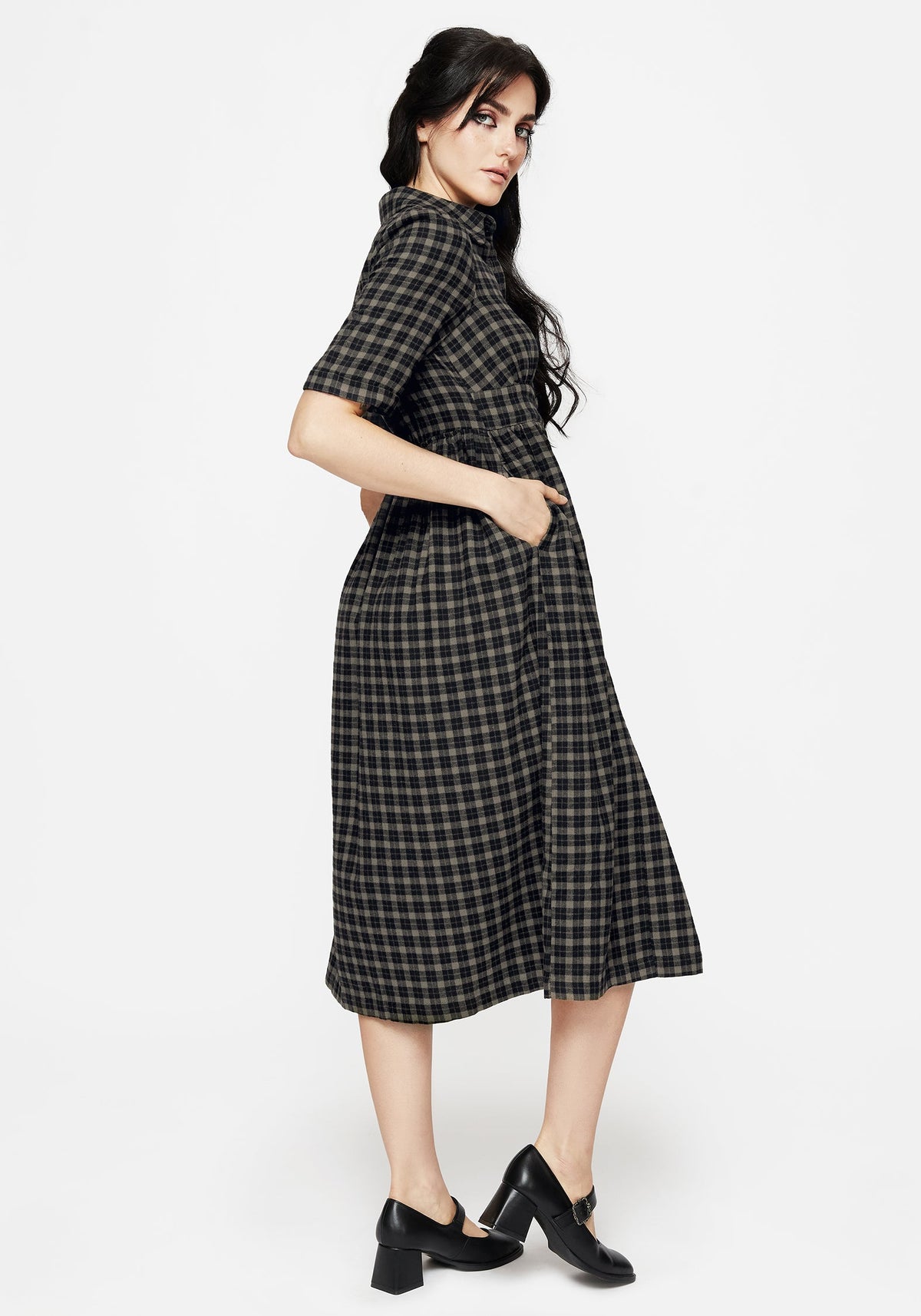 Terra Midi Rüsche Hemd Kleid - Olive