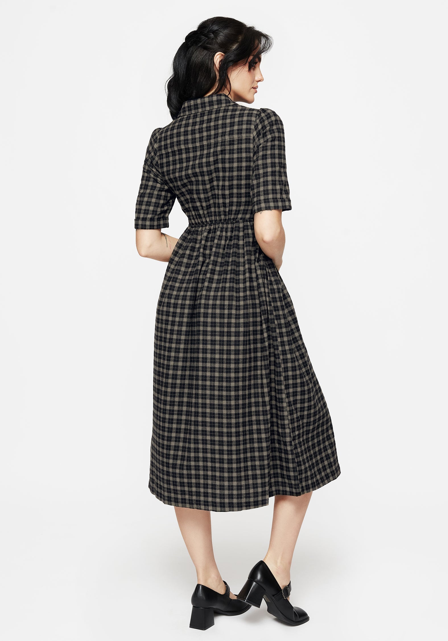Terra Midi Rüsche Hemd Kleid - Olive