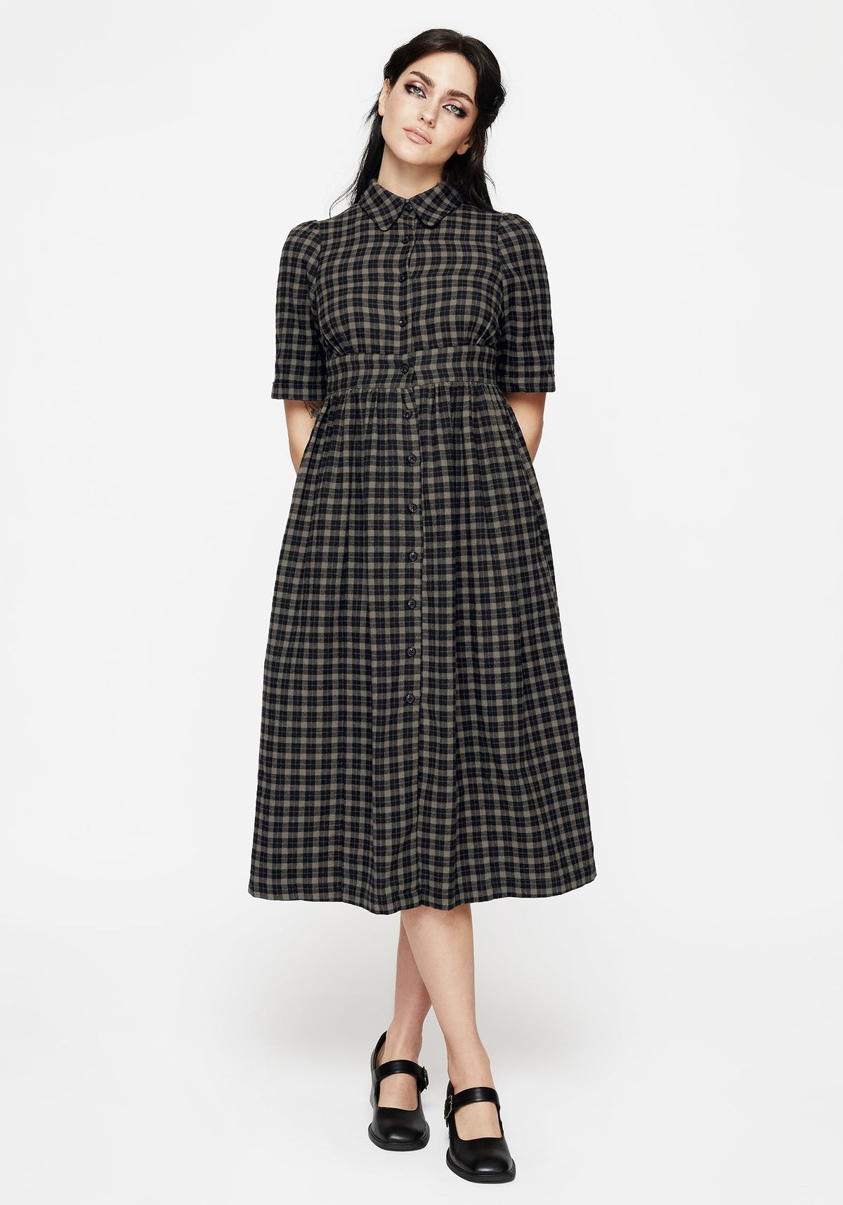 Terra Midi Rüsche Hemd Kleid - Olive