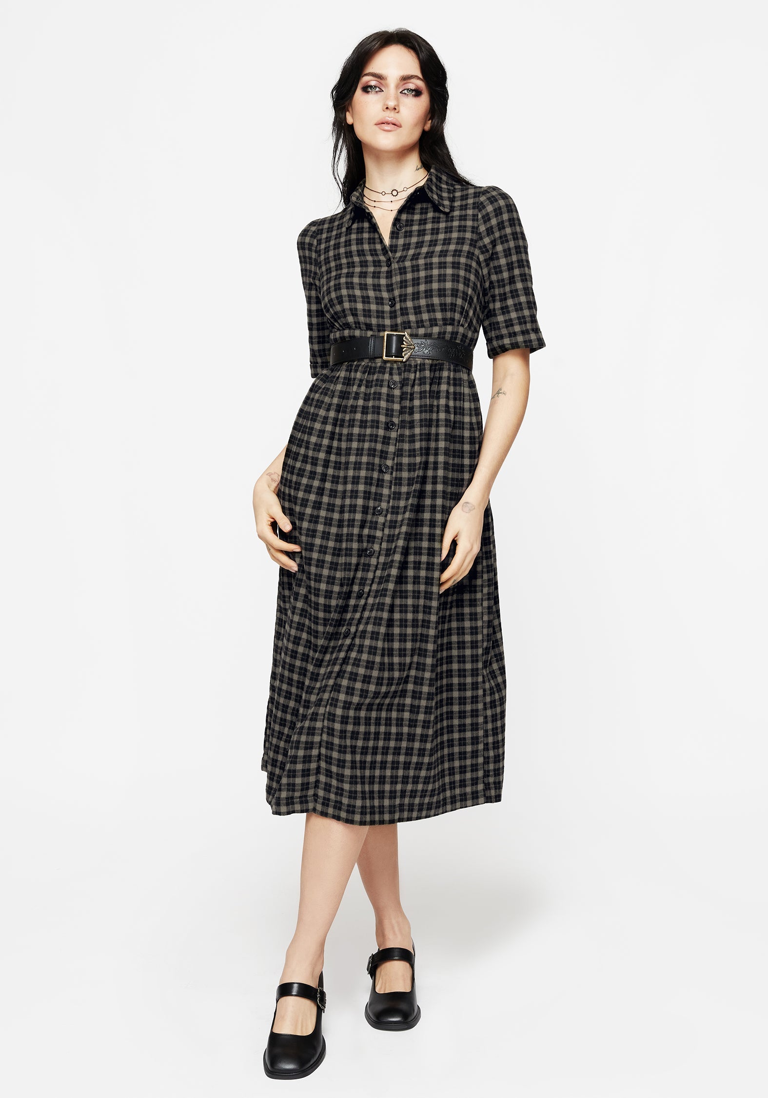 Terra Midi Rüsche Hemd Kleid - Olive