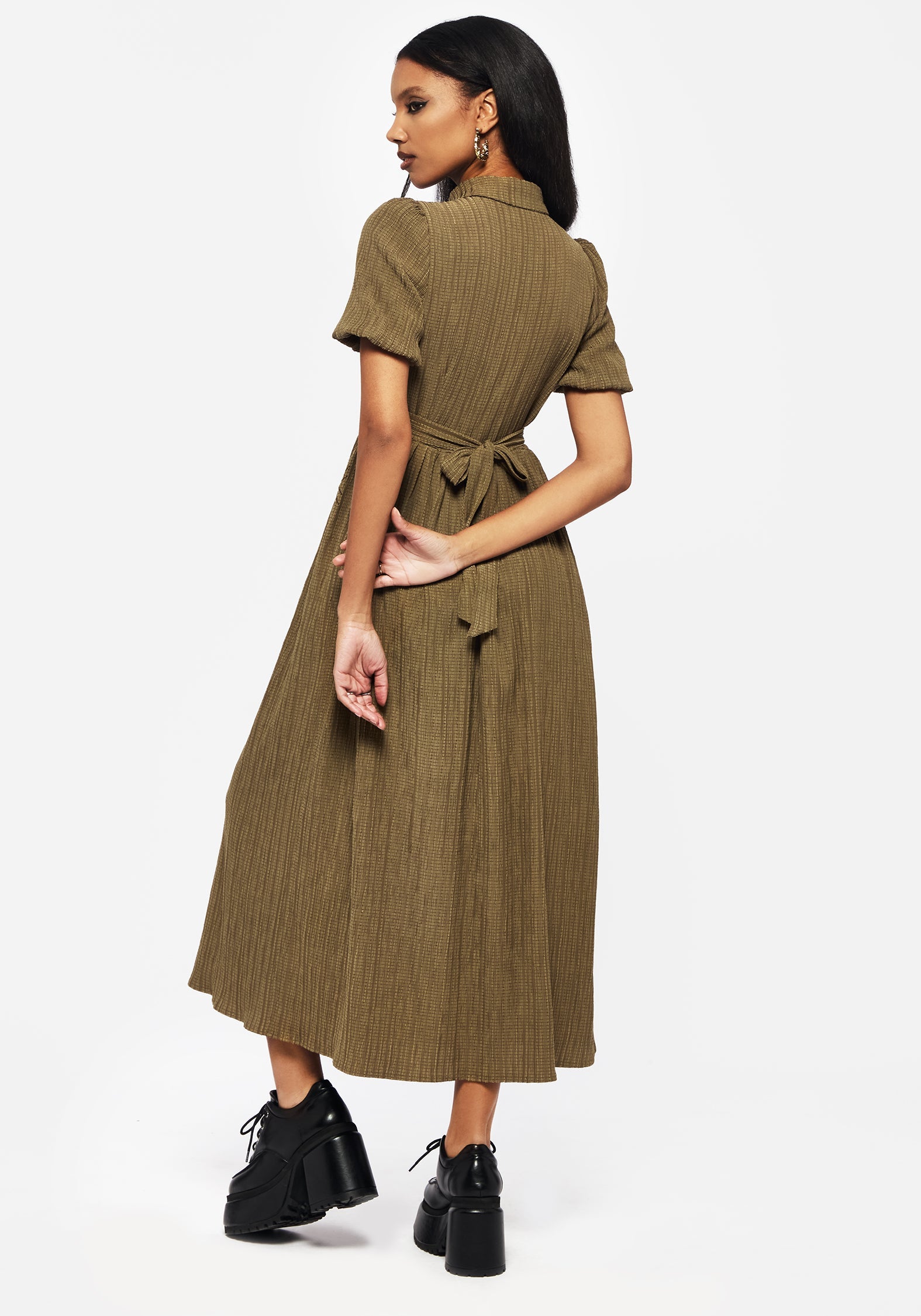 Ramaria Bestickt Puffärmel Ärmel Knopf Hoch Midaxi Hemd Kleid